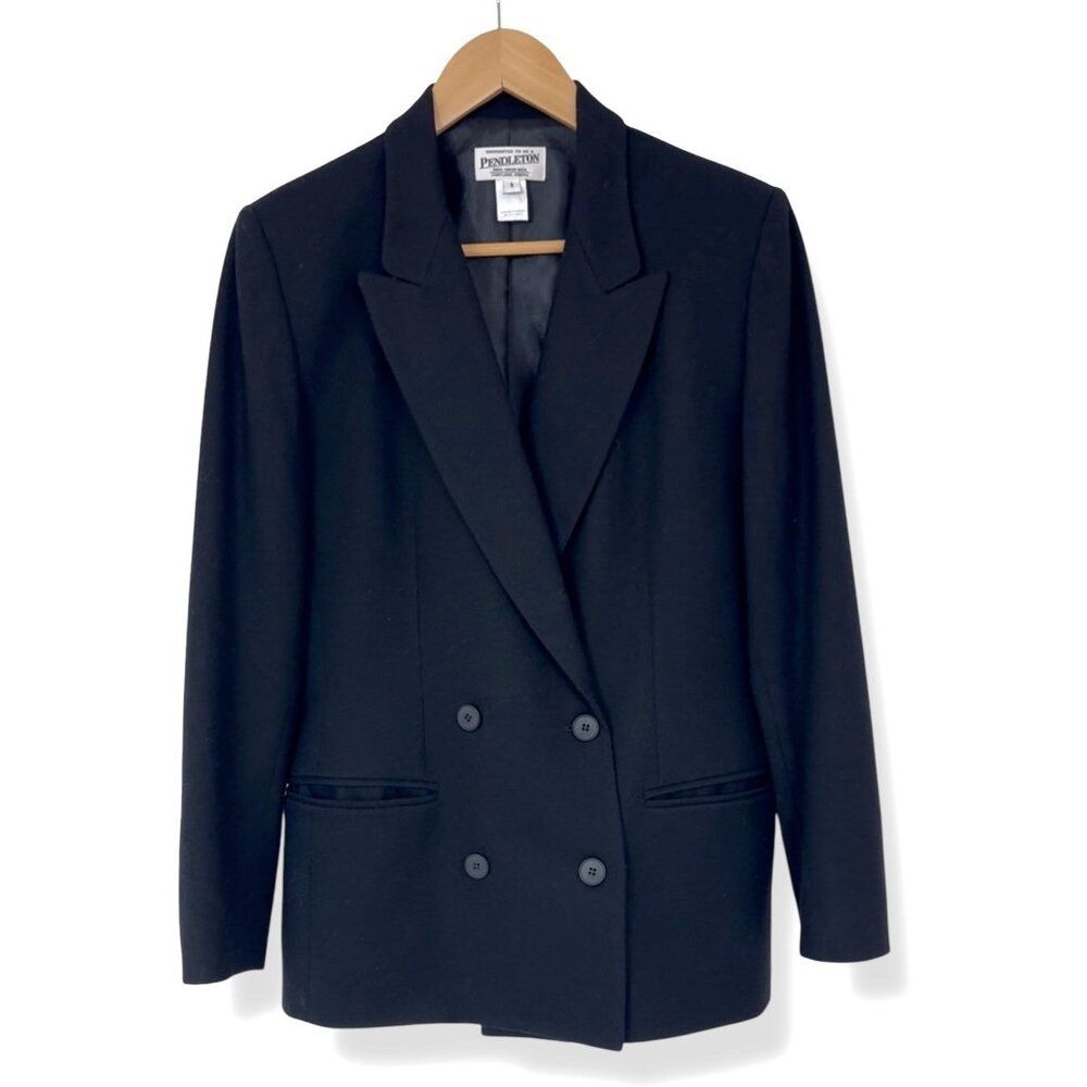 Pendleton Black Double Breasted 100% Virgin Wool Blazer Jacket Size 8 Lined